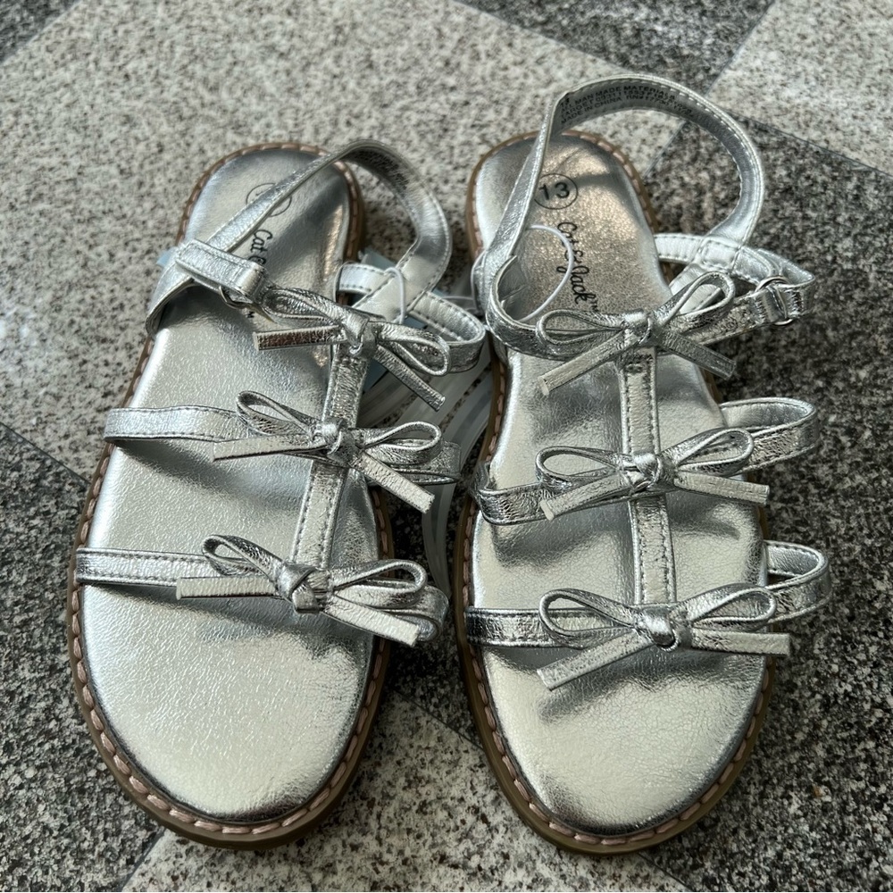 Cat & Jack Metallic Silver Bow Strappy Sandals- Size 13